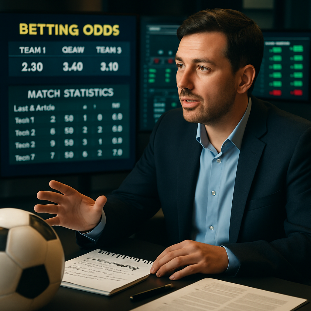 A sports analyst in a professional setting reviewing crucial data and statistics for an