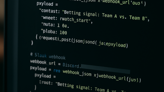Computer screen with code for integrating betting signals into Discord and Slack via webhooks,
