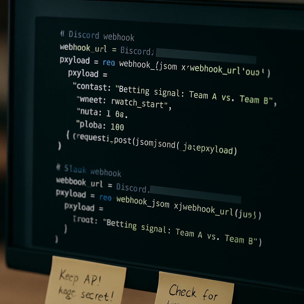 Computer screen with code for integrating betting signals into Discord and Slack via webhooks,
