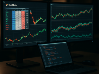 A modern trading desk with Betfair API data displayed on screens, representing algorithmic trading