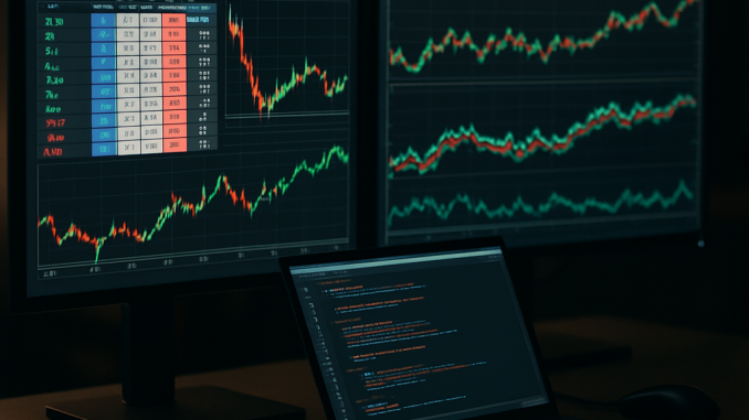 A modern trading desk with Betfair API data displayed on screens, representing algorithmic trading
