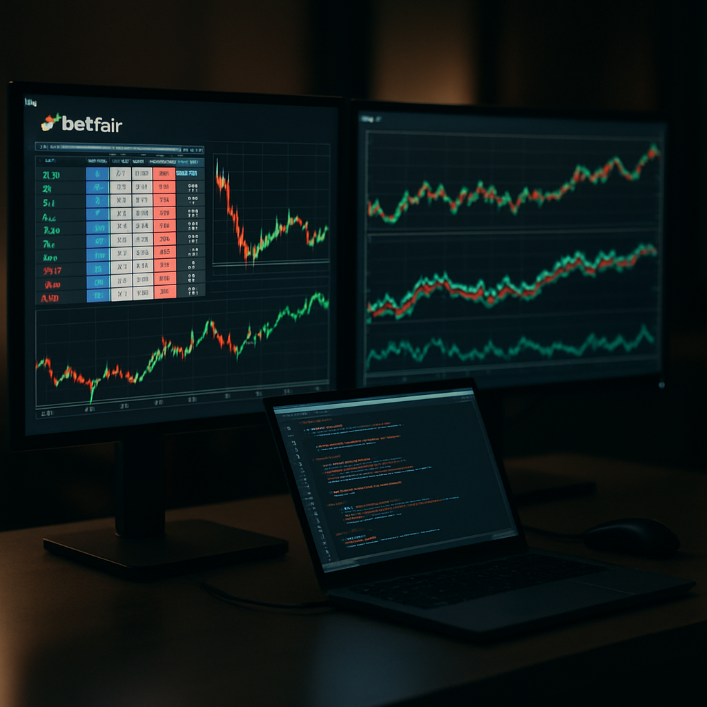 A modern trading desk with Betfair API data displayed on screens, representing algorithmic trading