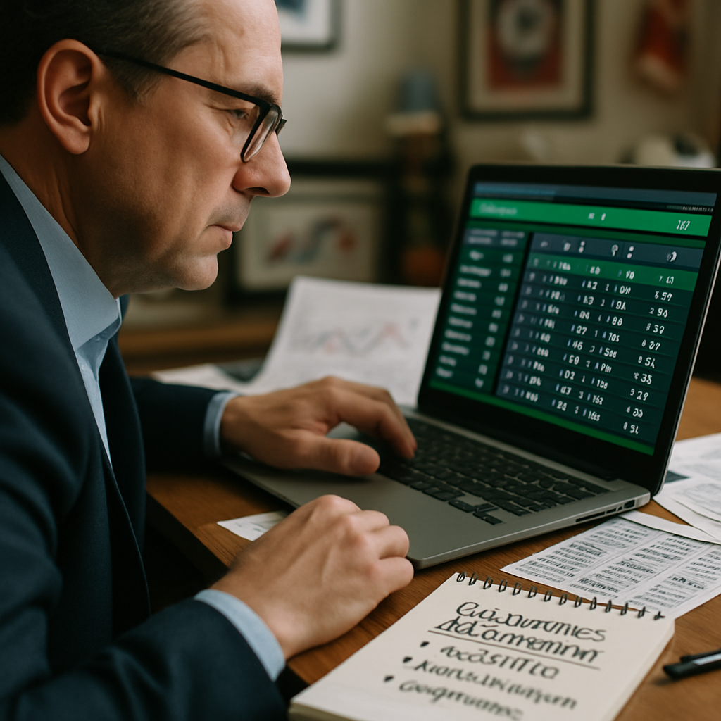 A sports analyst analyzing betting odds and statistics at a desk, focusing on qualitative